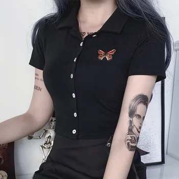 

Turn-down Collar Butterfly Flower Women's Shirts Summer single breasted Short Sleeve Ladies Shirt 2020 Black Slim Female Tops