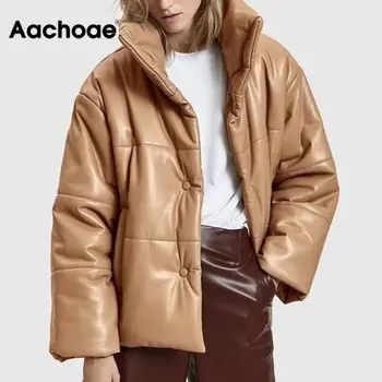 Women PU Leather Parkas Fashion High Street Solid Faxu Leather Coats Elegant Winter Thick Cotton Jackets Loose Outerwear 1
