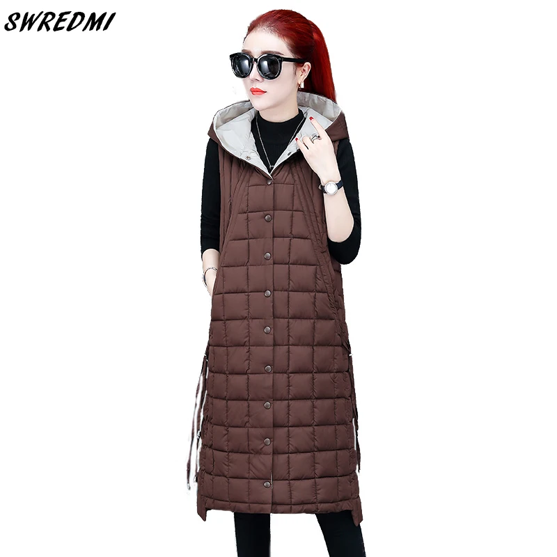 SWREDMI Hooded Long Waistcoat Winter Women Vest Thick Warm Jacket Coat Outwear Coffee Clothing M-2XL Ins Vests Autumn And Winter