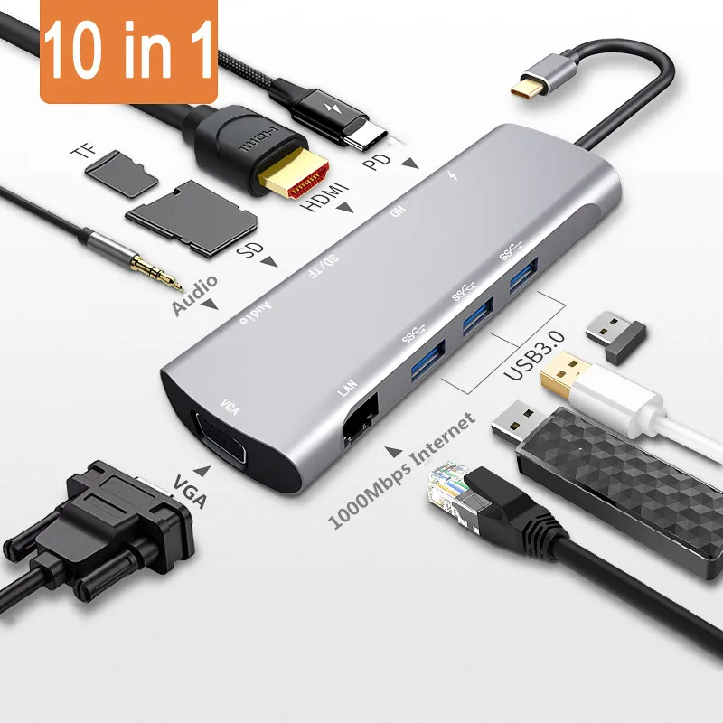 Тип c к hdmi концентратор адаптер типа c к vga RJ45 3,5 мм, AUX, разъем с SD TF PD jack usb3.0 концентратор адаптер для MacBook pro Xiaomi