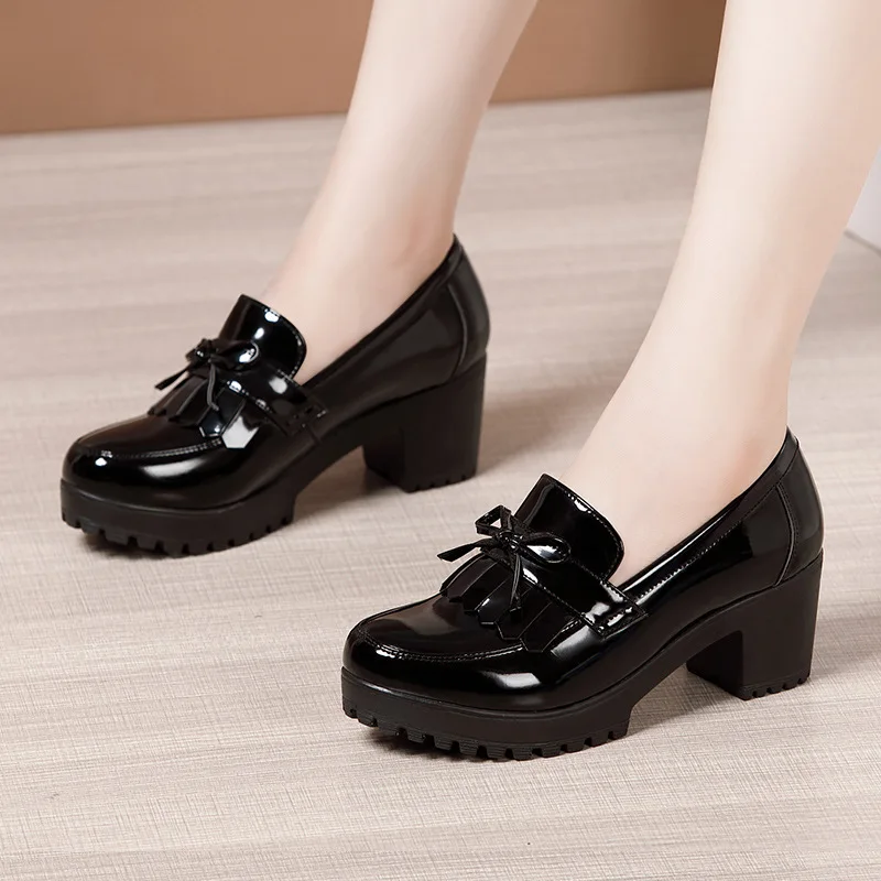 Small Big Size 32 33-43 Tassel Patent Leather Shoes Platform Oxfords 2022 Chunky Med Heels Pumps Elegant Office Footwear