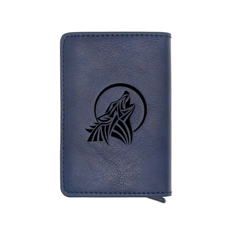 

Blue Classic Howling Wolf Design Card Holder Wallets Men Women Rfid Leather Short Purse Slim Mini Wallet Small Money Bag