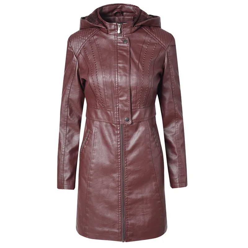 Осенне-зимнее женское пальто повседневное однотонное PU искусственная кожа длинное плотное пальто женское винтажное теплое Черное байкерское пальто с капюшоном - Цвет: Бургундия