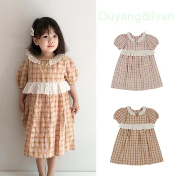 

Summer 2020 New Style European and American Wind Stripes Small and Medium Children Retro Lace Plaid Dress Girls Skirt