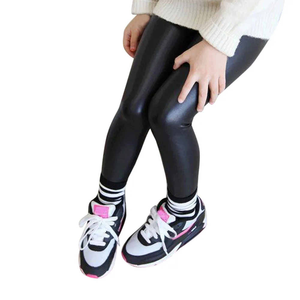 Детские брюки, леггинсы, Детские классические узкие брюки для маленьких девочек, эластичные зимние теплые штаны из искусственной кожи,# T2