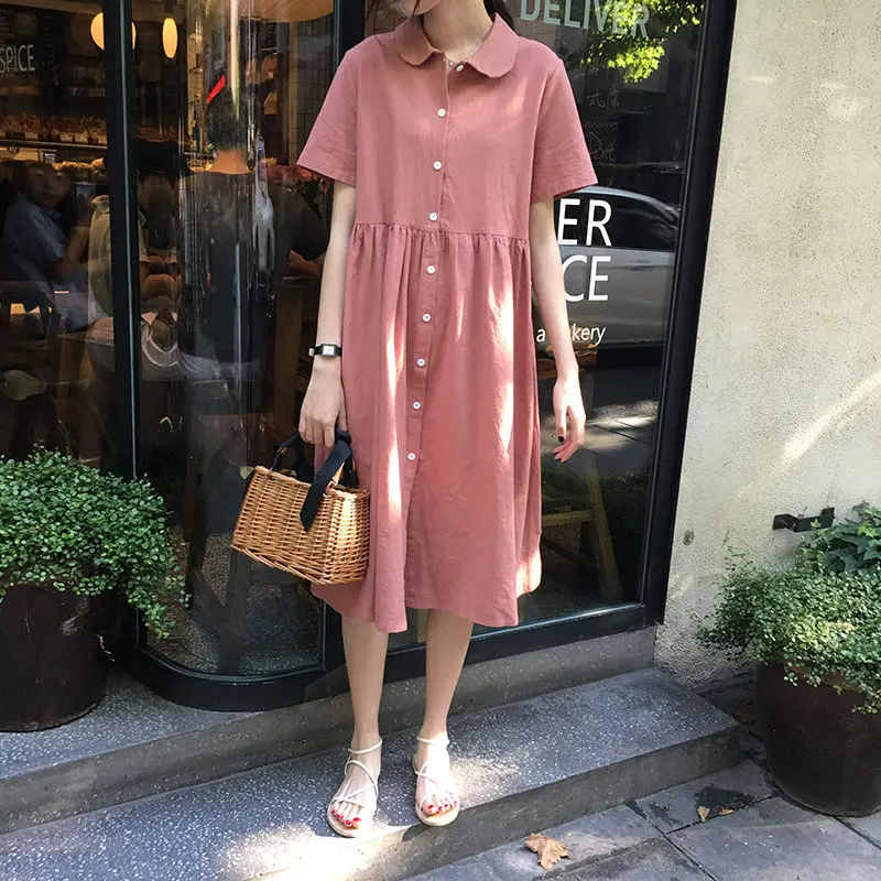 Short Sleeve Dress Women Friends Solid A-Line All-match Vintage Stylish Kawaii Simple Vestidos Daily Summer Single Breasted 2021 a line dress Dresses