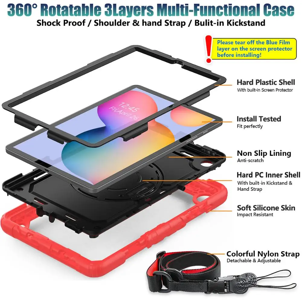 Samsung Galaxy Tab A 10.1 Case 2019, Sm-t510/t515 Shockproof Rugged  Protective Case Cover With Built-in Screen Protector, 360 Stand,hand Strap&  Shoul