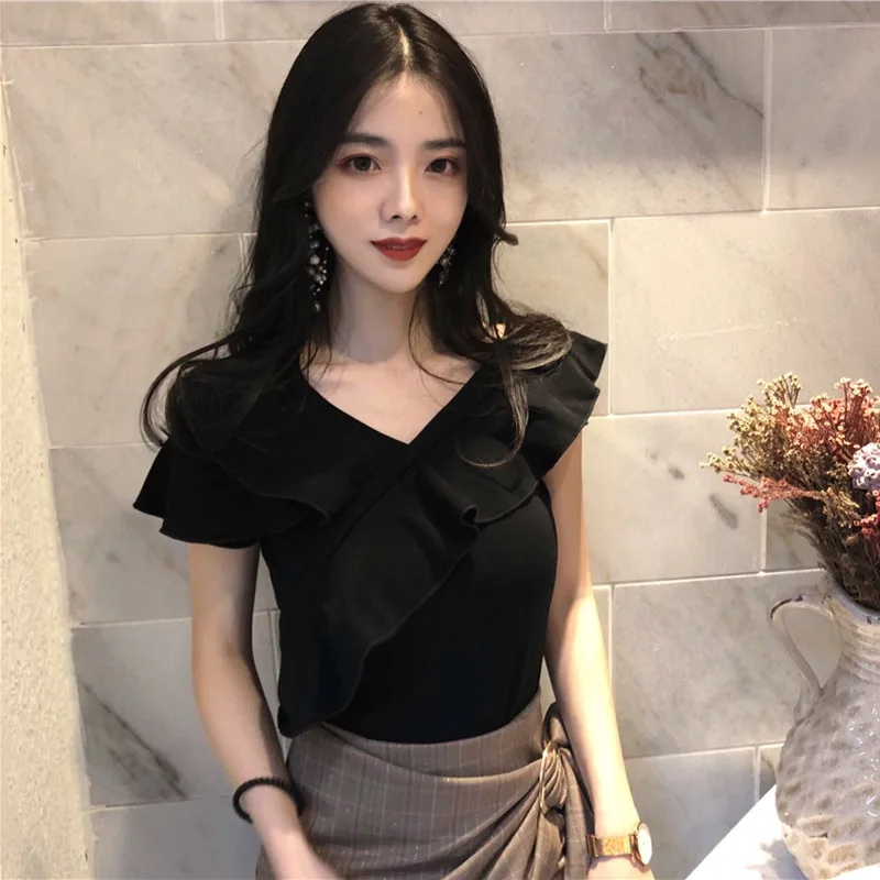 Women White Blouses Off Shoulder Sexy Summer Slim Fit Elegant Tops Female Slash Neck Ruffle Shirt Tops 5
