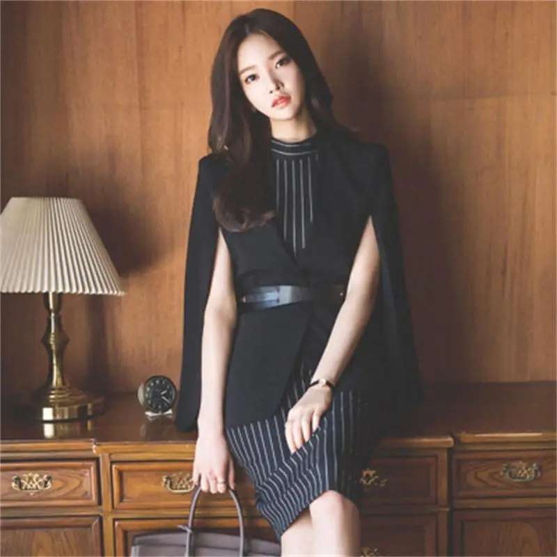 

Fashion suit female fall New Temperament OL shawl cape suit &slim sleeveless stripe dress two-piece suit women Can be separate