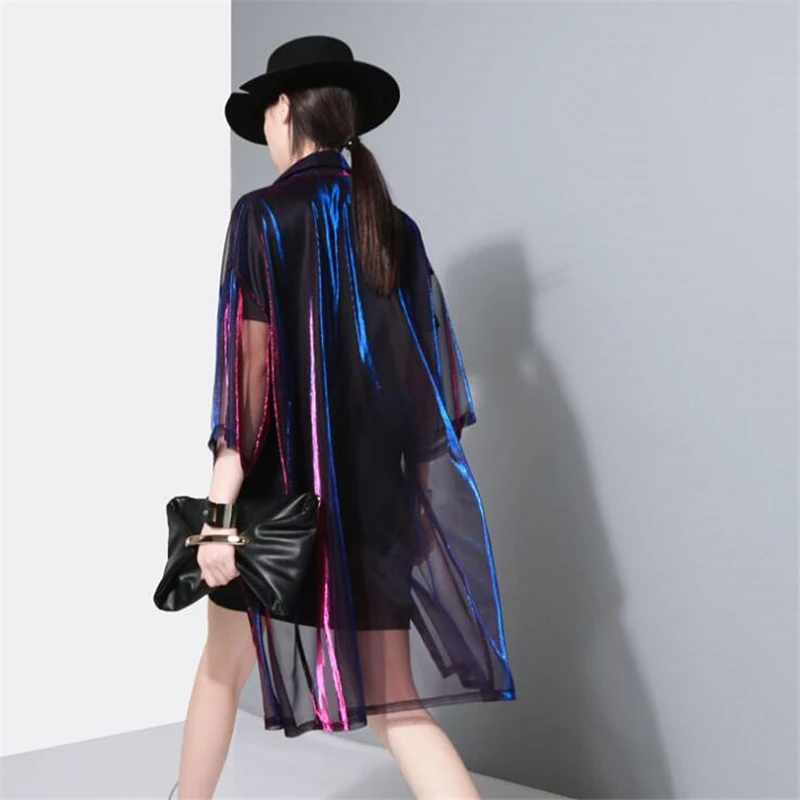 Más lejano Opuesto oleada Camisa larga holográfica de colores para mujer, blusa Harajuku transparente  con protección solar, blusas elegantes a la moda|Camisa| - AliExpress