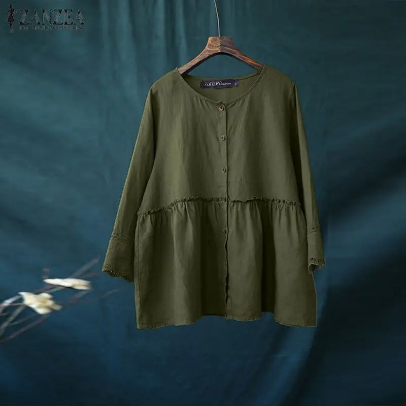 ZANZEA Solid Cotton Linen Blusas Women's Blouse Summer 3/4 Sleeve Lace Crochet Shirt Elegant Buttons Down Tops Ruffles Chemise