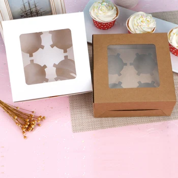 

4 Cavities Kraft Paper Packaging Box Cup Cake Box With Window Cupcake Box Dessert Containers Bakery Cake Carriers Wedding Party