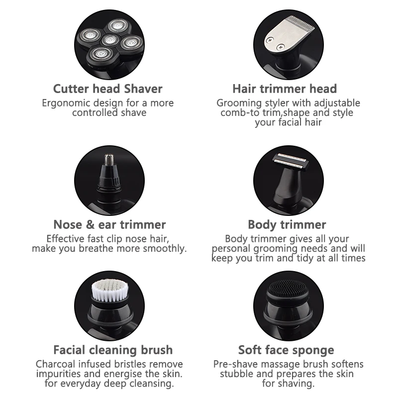 Electric Shaving 6 in 1 Bald Head Shaver 5D Rotary Razor five balde Multifunctional Beard Hair Trimmer Nose Ear Trimmer for Men