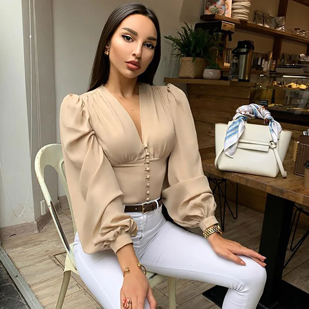 

V-neck Solid Lantern Sleeves Women Tshirt Long Sleeves Elegant Button Lady Tops Tees Sexy Clothes Polyester Autumn Slim Shirt