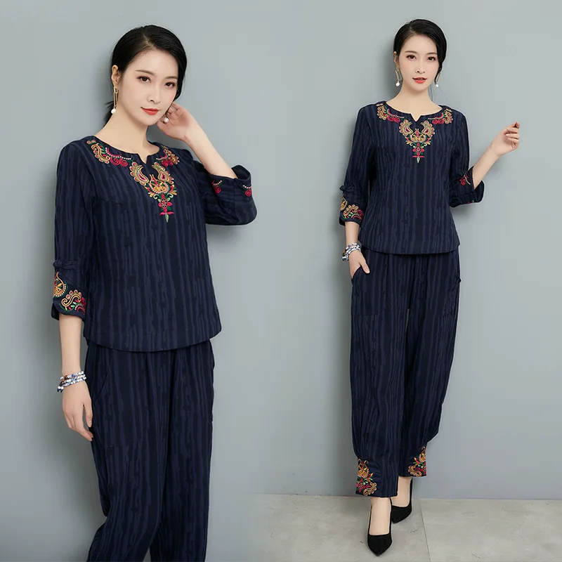 

2019 Spring New Style Ethnic-Style Large Size Embroidered Cotton Linen Casual Tops Skinny Pants Two-Piece Set WOMEN'S Dress