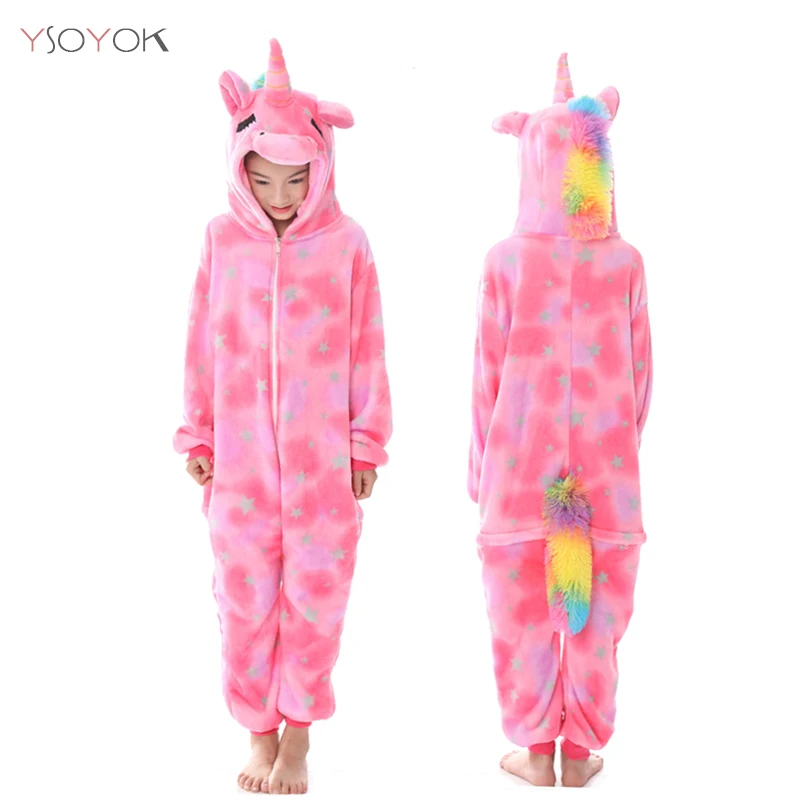 Зимняя Детская Пижама кигуруми с единорогом; Пижама-комбинезон с пандой для мальчиков и девочек; одежда для сна с животными; Фланелевая пижама; детская пижама - Цвет: Pink star Unicorn