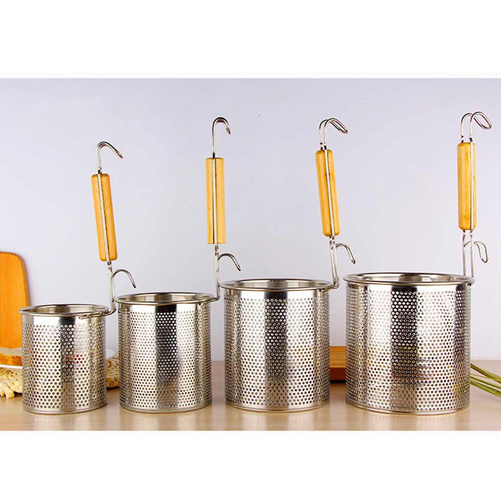 Stainless Steel Noodle Food Strainer with Hook and Wooden Handle, Strainer Basket for Dumpling, Udon, Vegetables or Pasta
