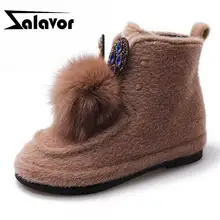 ZALAVOR зимние ботинки теплая хлопковая обувь на меху женская обувь на плоской подошве с плюшевой подкладкой и украшением в виде кристаллов Размер 35-39