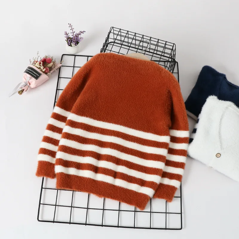 

2019 Autumn And Winter New Style BOY'S Stripes Western Style Imitation Mink rong mao yi Korean-style Children Knit V-neck Cardig