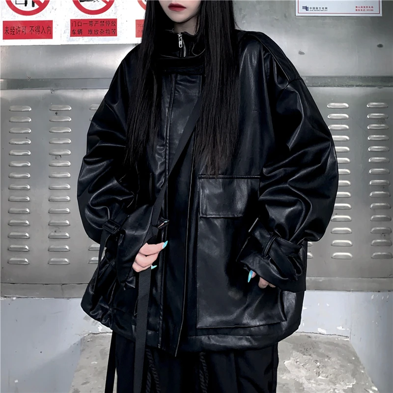 Neploe Harajuku ретро куртка из искусственной кожи Осень Зима корейское женское и мужское пальто черный хип-хоп Повседневная Верхняя одежда на молнии с воротником-стойкой 55783