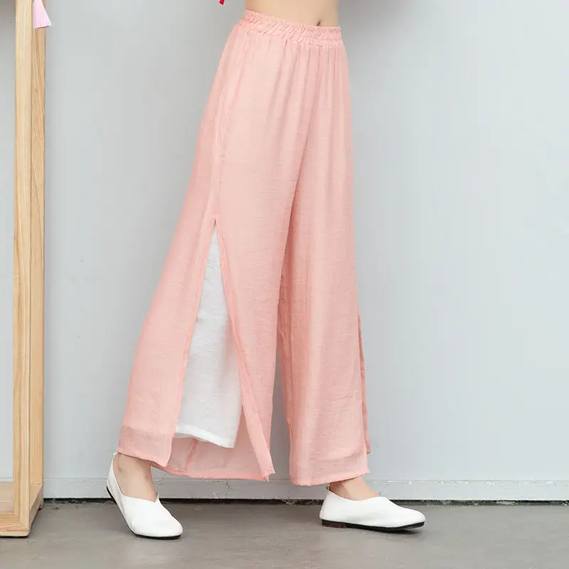 Solid Color Chinese Style Retro Hanfu Cardigan Loose Women's Clothes Blouse Literary Cotton And Linen Shirt Wide Leg Pants