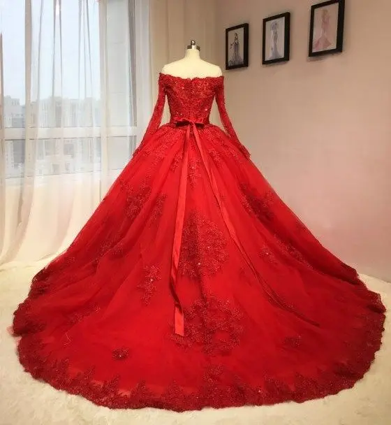 Восхитительные свадебные платья, красное кружевное платье с открытыми плечами и аппликацией, свадебное платье из Саудовской Аравии