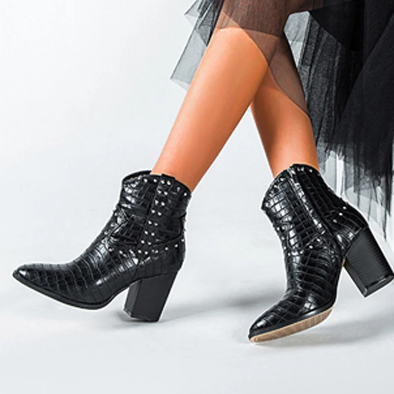 

Western Cowboy Boots Crocodile Pattern PU Leather High Heels Cowgirl Booties Studded Chelsea Ankle Boots botas Mujer Shoes Women