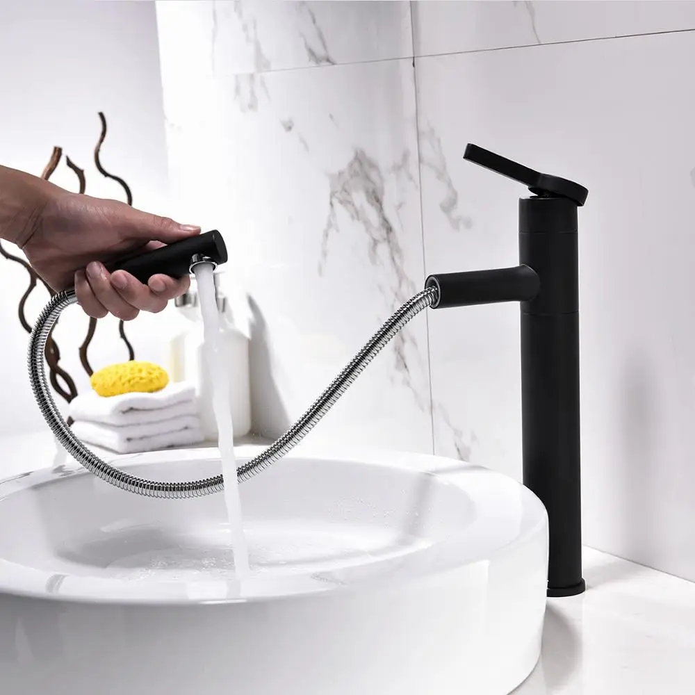 

Brass Deck Mounted Pull Out 60cm HoseFaucet Black Bathroom Hot and Cold Basin Mixer Tap Sink Faucets 3 pcs Hoses
