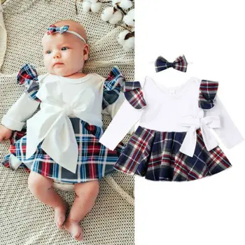 

New Autumn Winter Infant Baby Girls Romper Dresses Long Sleeve Plaid Cotton Sundress+Headband 2pcs Little Baby Party Clothes