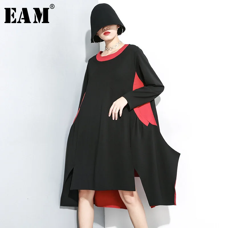 

[EAM] Women Asymmetrical Split Joint Big Size Dress New Round Neck Long Sleeve Loose Fit Fashion Tide Spring Autumn 2020 1H138