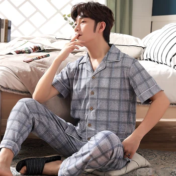 

Summer Plus Size 3XL Men Pajamas Knitted Cotton Striped Pajama Sets Short Sleeve Turn-down Collar Cardigan Male Sleepwear Suit
