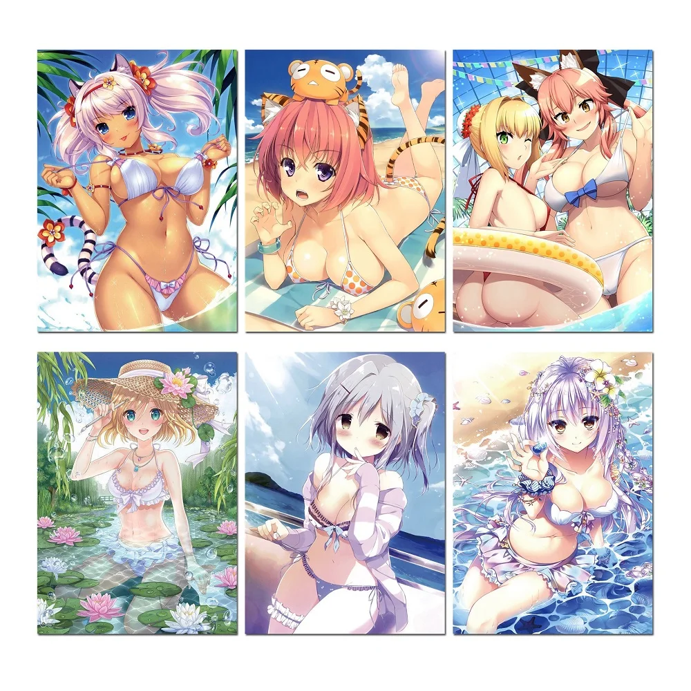 Bikini-Anime-Girls-Silk-Posters-Japanese-Cartoon-Sexy-Girl-Poster-Beach-Swimsuit-Wall-Art-Prints-Pictures