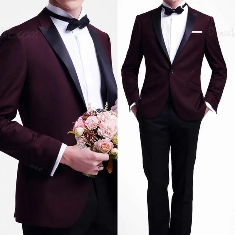 

Custom Made Burgundy Jacket Black Pants Mens Wedding Suits Groomsman Tuxedo 2 PC Groom Suit Men Suits (Jacket+Pants) W303