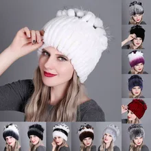 Winter Fur Hats F/  Women Natural Rex Rabbit Cap Russian Female Fur Headgear Warm Beanies Caps Fox Fur Kniting Hat W/ Ear Protec