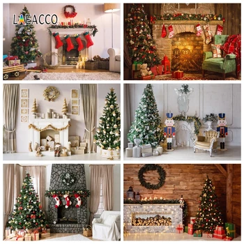 

Laeacco Christmas Backdrops Tree Fireplace Wreath Gifts Lights Stockings Photography Backgrounds Home Decor Photocall Photozone