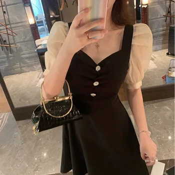 

French Puff Sleeve Dress WOMEN'S Dress 2020 Summer New Style Elegant Goddess-Style Black Dress Waist Hugging Slimming Skirt