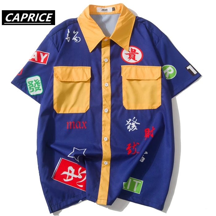

mahjong Fun printing Fashion Pullover Shirts Men 2019 Summer Casual Streetwear Pockets Color Patchwork Tops Tees Hip Hop Shirt