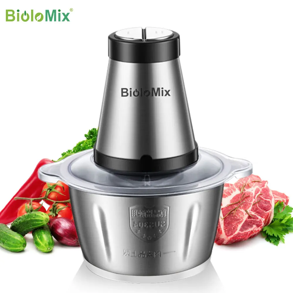 BioloMix 2 Speeds 500W Stainless steel 2L Capacity Electric Chopper Meat Grinder Mincer Food Processor Slicer