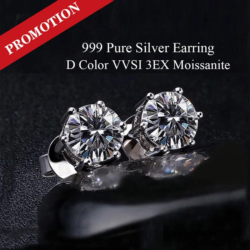 100% Real 999 Sterling Silver Moissanite Earrings 0.5-1 Carat D Color Stud For Women Top Quality Sparkling Wedding Jewelry