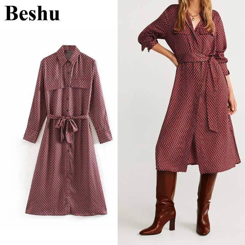 

za 2019 turn-down collar with belt dress plaid vintage long sleeve dress women elegant a line vestido mujer
