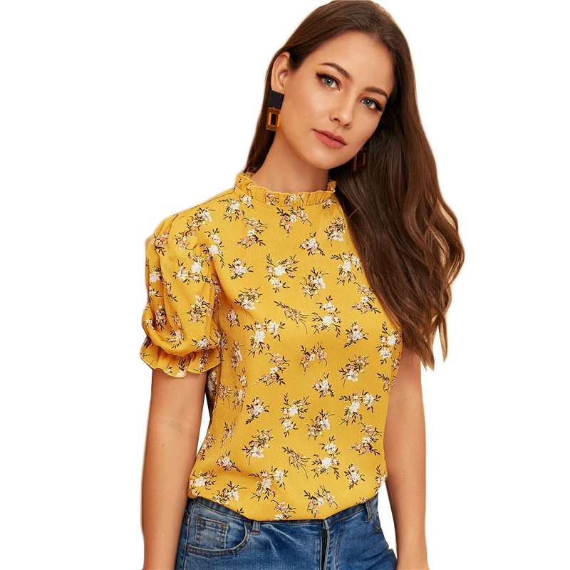 Dotfashion/Повседневная блузка с цветочным принтом для женщин; коллекция года; Летние шифоновые блузки с воротником-стойкой и коротким рукавом; топ с пышными рукавами