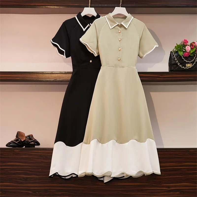 

2020 Summer New Elegant Dress Woman Short Sleeve Lapel Loose A-line Stitching Color Party Dress Girls Casual Dresses Plus Size