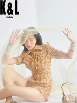 

French vintage yellow plaid fringed short-sleeved high-waist jumpsuit women's autumn 2020 new elegant thin belt casual pants