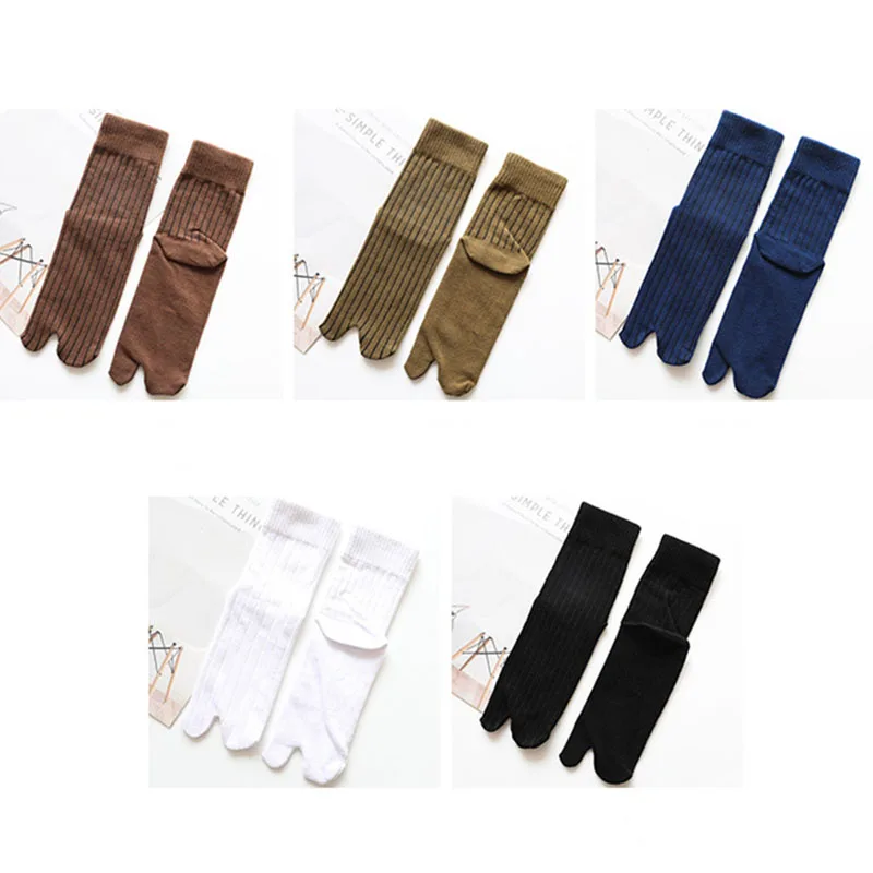 5 Pairs Man 2 Toe Tabi Socks Cotton Japanese Kimono Sandal Samurai Ninja Geta Socks Striped Solid Business Casual 2 Finger Sox