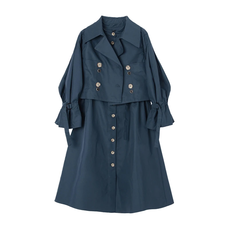 [EAM] Women Dark Blue Split Joint Long Trench New