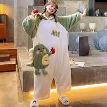 

Cartoon Cute Printed Cardigan Home Wear Pajamas Jumpsuit Autumn and Winter New Style Plus Velvet Thick Thick Warm Pajamas