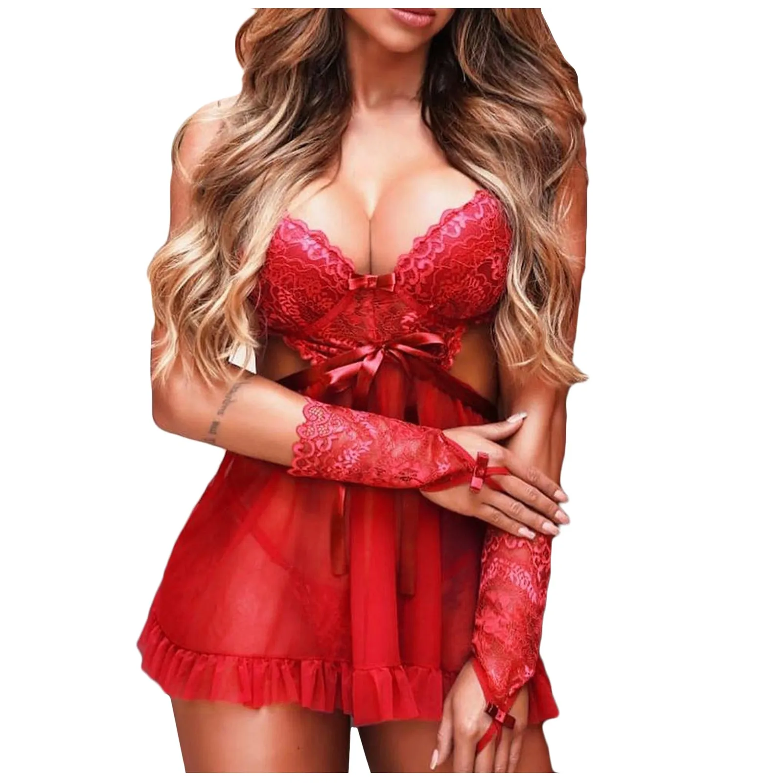 Plus Size Sexy Lingerie Women's Nightie Embroidery Gauze Vneck Ladies
