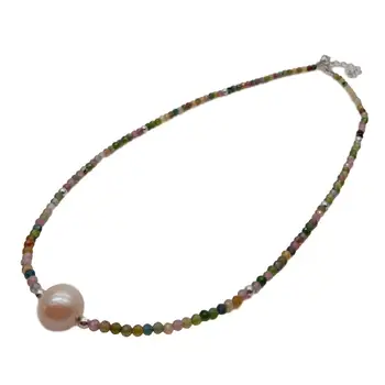 

Rainbow Necklace Small Stone Natural Multi Color Tourmaline Pink keshi Pearl Choker Necklace clasp