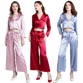 

Women Retro Shiny Imitation Silk Pajamas Set Long Sleeve Notched Lapel Crop Tops Wide Leg Pants Solid Color Sleevewear