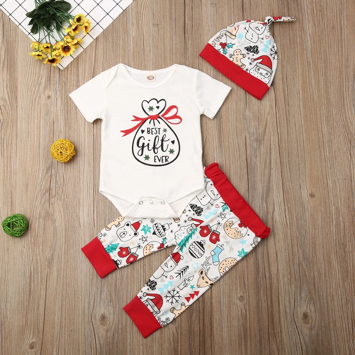Рождественские комплекты из 3 предметов для новорожденных мальчиков, комбинезон с длинными рукавами, штаны с принтом с героями мультфильмов, шапка, костюм Санта-Клауса, милая повседневная одежда для детей 0-24 месяцев